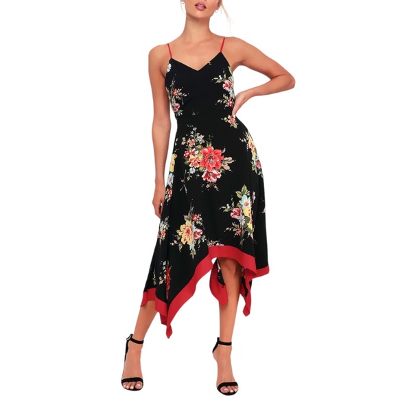 LULU'S Go Fleur a Twirl Black Floral Print Handkerchief Midi Dress. Size Small - Picture 2 of 11